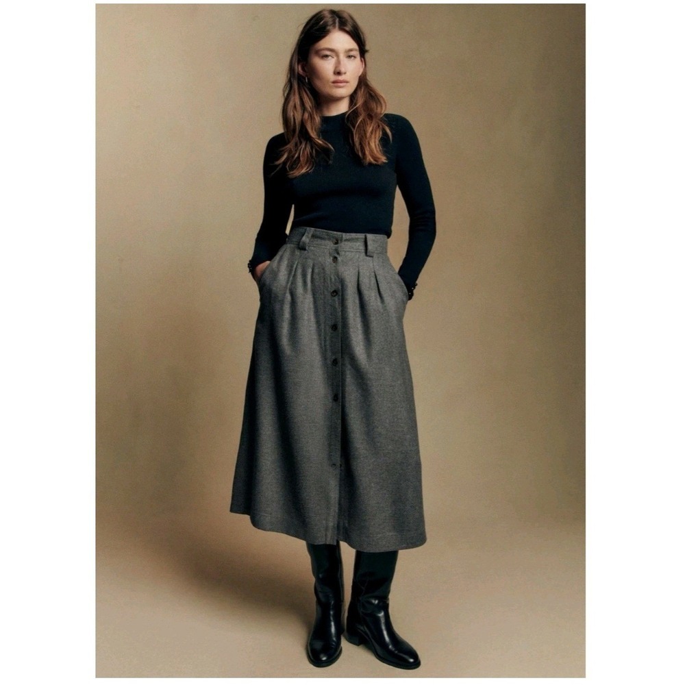 NWT Sezane Clarine Skirt Grey Wool Blend Button Front Midi High Waist Size 40/8